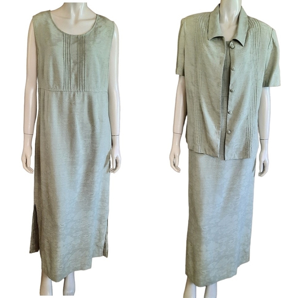 Vintage 90s Sage Green 2-Piece Dress Set Size Large Rayon Blend Minimalist